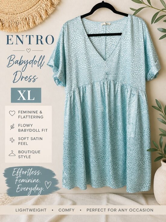 entro Dresses & Skirts - Entro Babydoll Dress XL Blue Satin V-Neck Flowy Tiered Boutique Chic